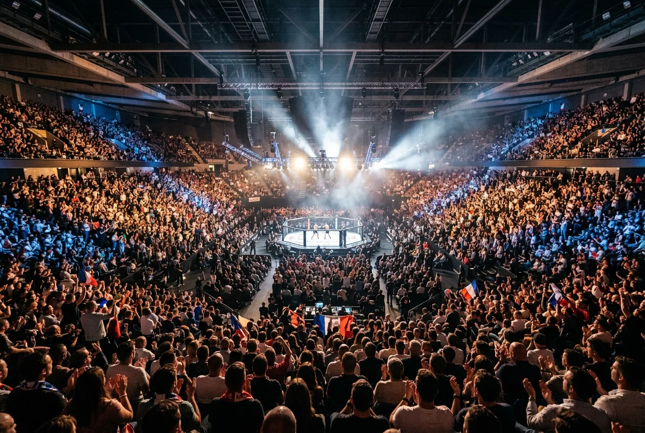 Accor Arena de Paris remplie de spectateurs lors d'un événement UFC avec l'octogone illuminé au centre