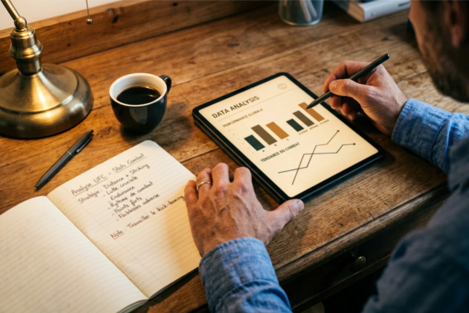 Mains d'un analyste consultant des statistiques de combat MMA sur une tablette et un carnet de notes