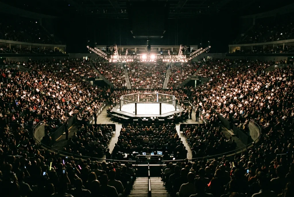 Salle d'arène comble avec une cage de MMA éclairée au centre