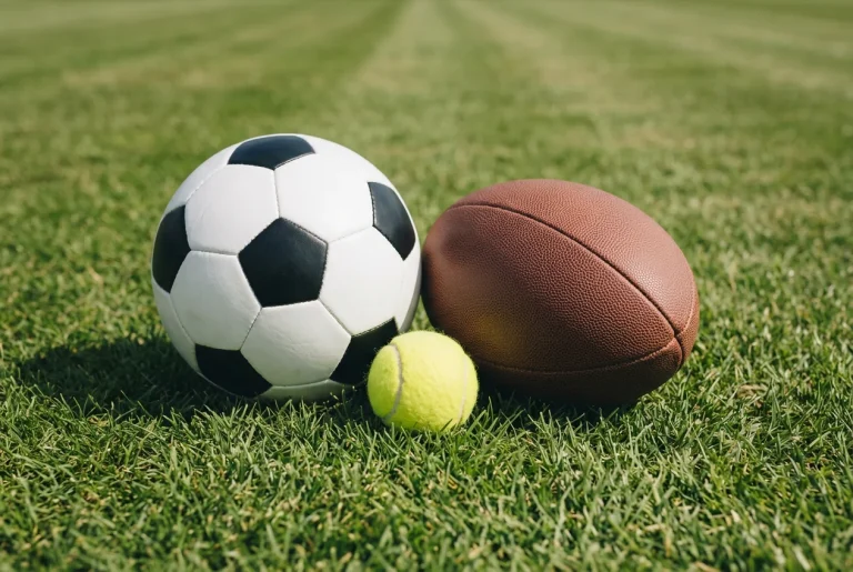 Ballon de football, balle de tennis et ballon de rugby poses sur une pelouse verte