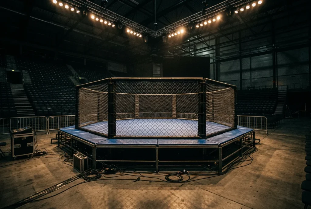 Cage hexagonale de MMA vide sur un plateau de salle de spectacle avant l'evenement