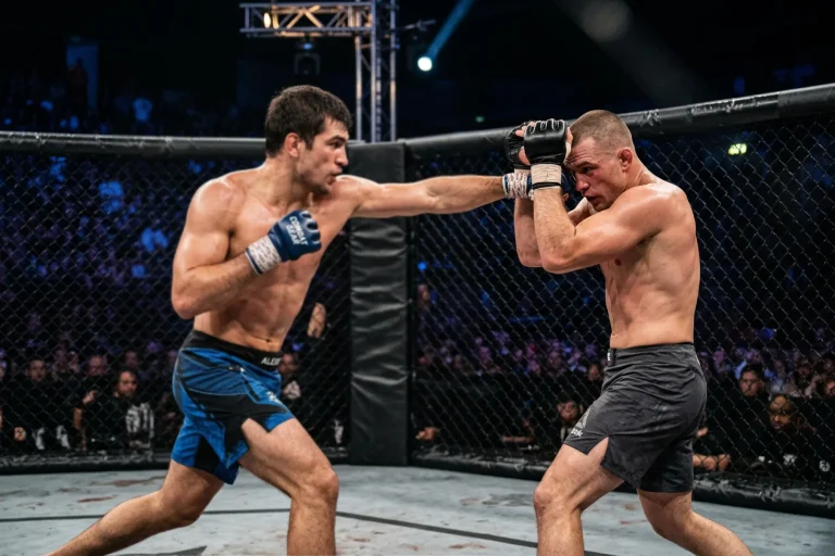 Deux combattants de MMA en action dans une cage lors d'un combat professionnel