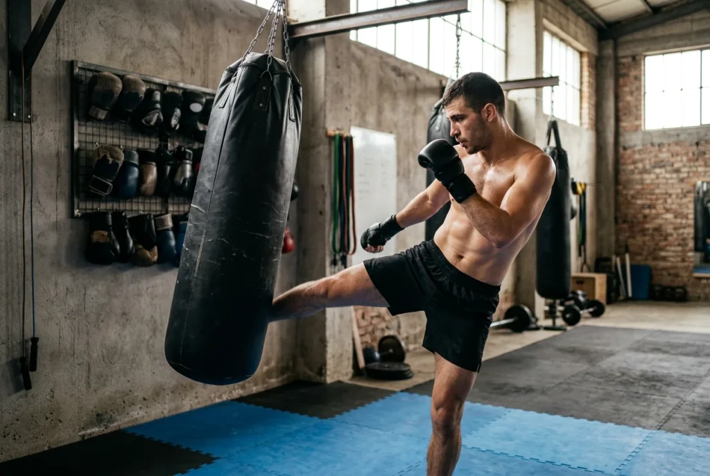 Combattant de MMA frappant un sac de boxe lors d'un entrainement en salle