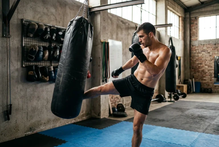 Combattant de MMA frappant un sac de boxe lors d'un entrainement en salle