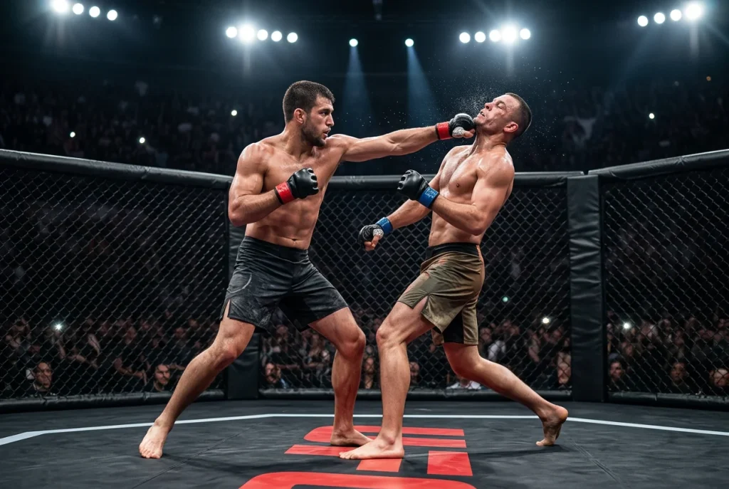 Combattant MMA frappant son adversaire avec un crochet debout dans l'octogone UFC