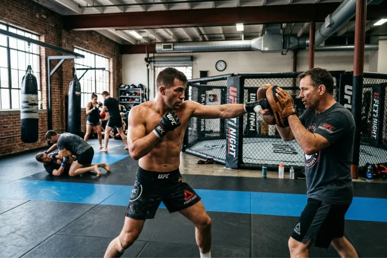 Combattant UFC s'entraînant avec son équipe dans une salle de préparation