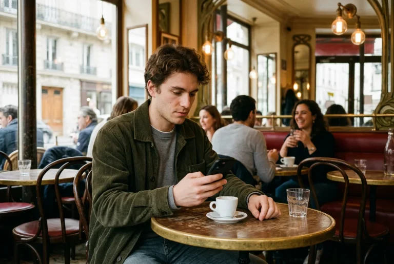 Jeune homme utilisant un smartphone attablé dans un café parisien