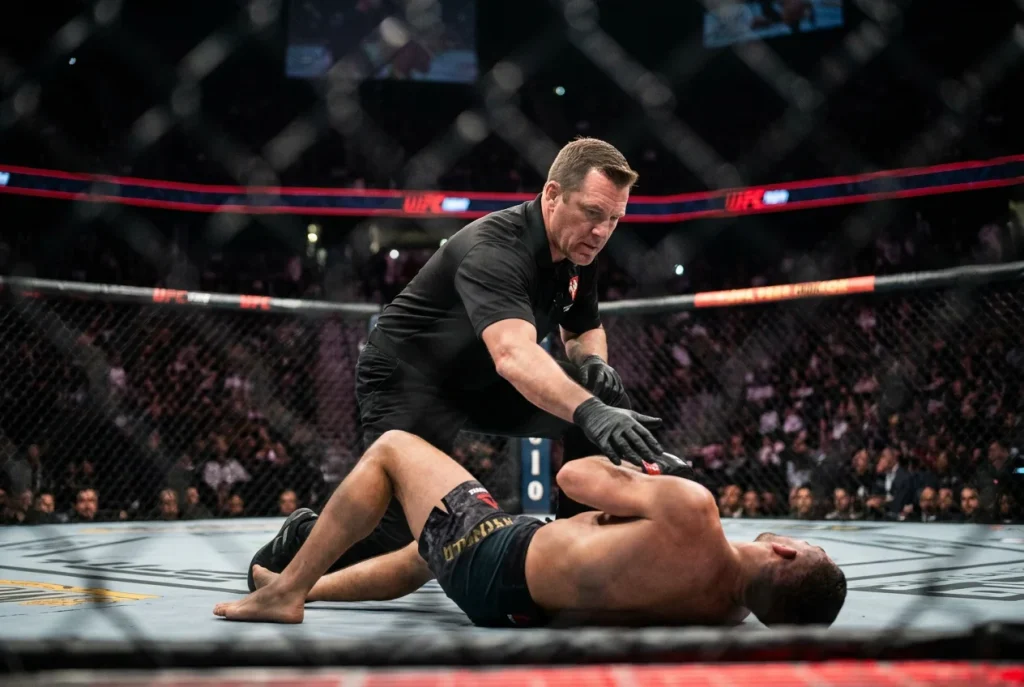 Arbitre UFC se penchant sur un combattant au sol dans l'octogone