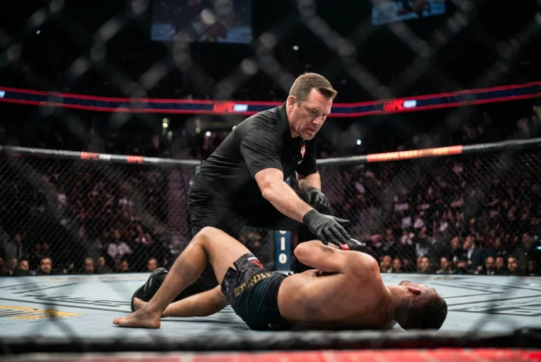 Arbitre UFC se penchant sur un combattant au sol dans l'octogone
