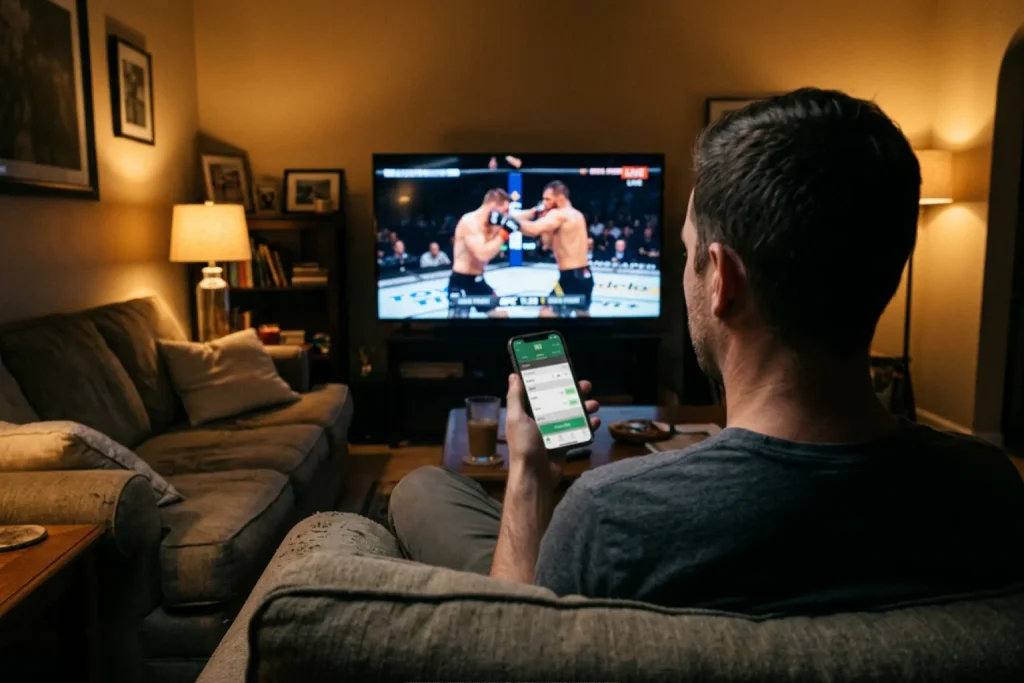 Interface de pari en direct sur un combat UFC entre deux rounds