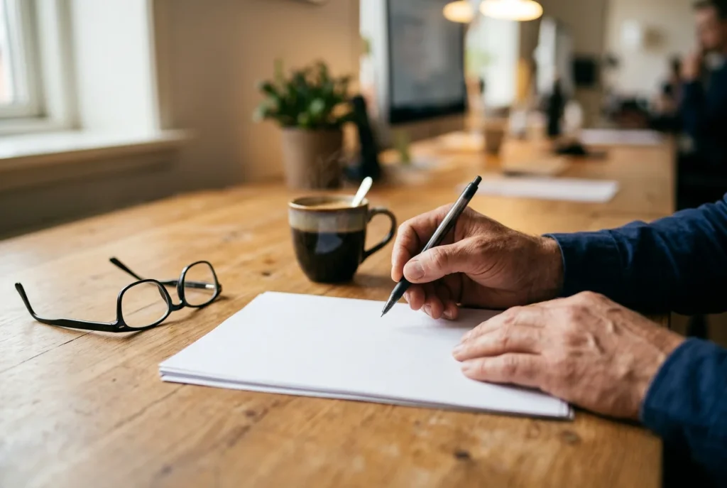 Mains d'un homme tenant un stylo au-dessus d'un document sur un bureau en bois