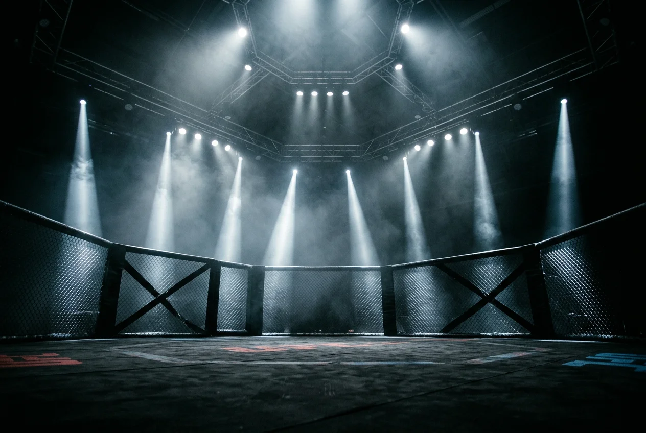Octogone UFC illuminé sous les projecteurs avant le début d'un combat