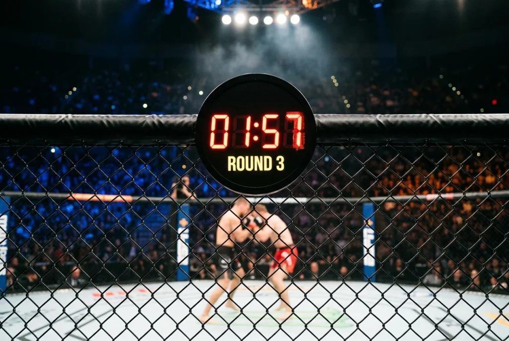 Horloge de round au centre de l'octogone UFC avec les secondes défilant