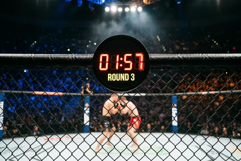 Horloge de round au centre de l'octogone UFC avec les secondes défilant