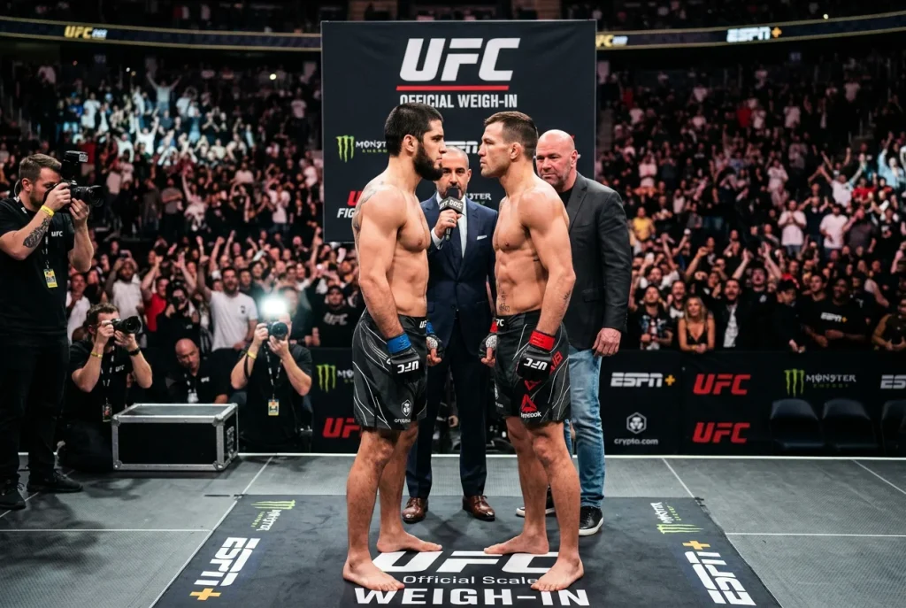 Deux combattants UFC face à face lors de la pesée avec les cotes affichées