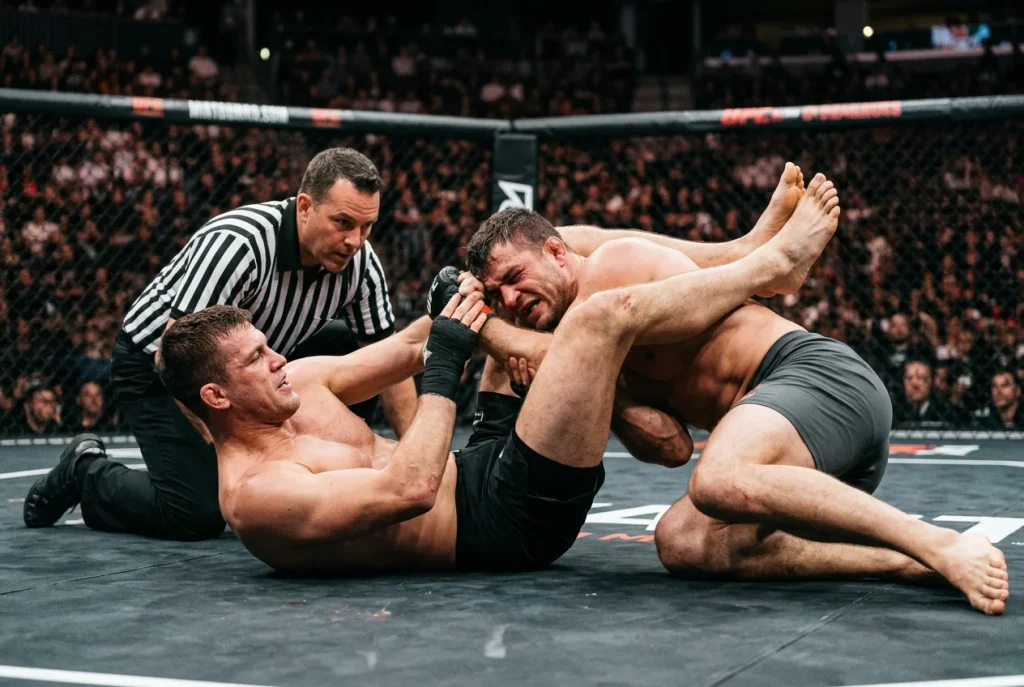 Combattant UFC appliquant une clé de bras au sol dans l'octogone
