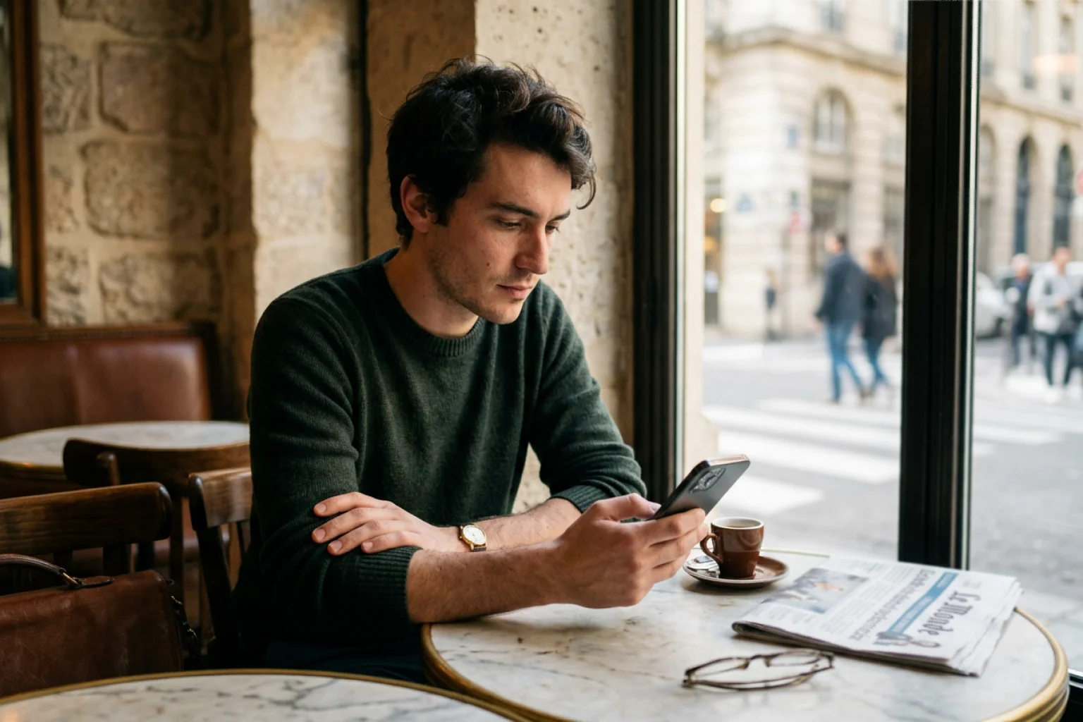 Parieur français consultant les cotes sportives sur son smartphone dans un café parisien
