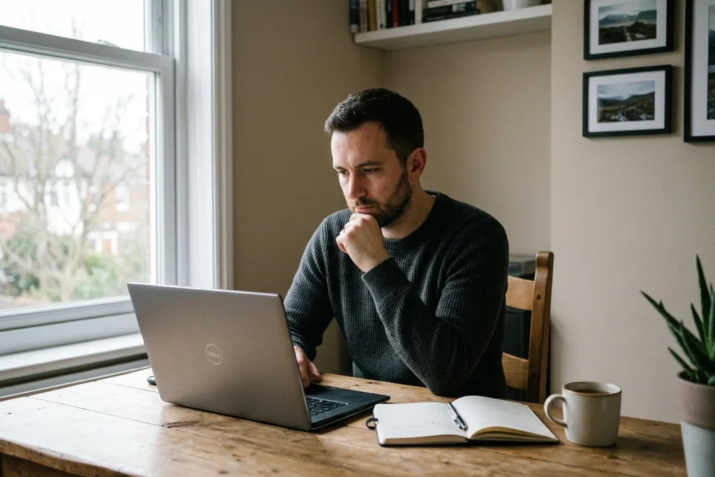 Homme concentré devant un ordinateur portable dans un bureau calme