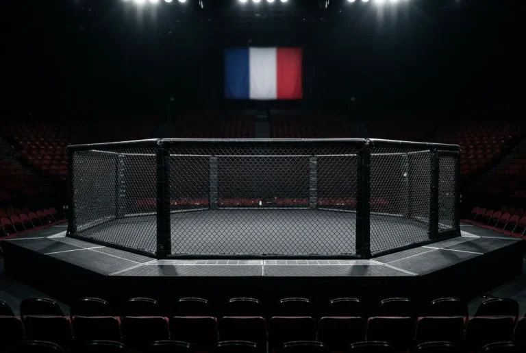 Octogone MMA vide éclairé avant un événement UFC avec drapeau français en arrière-plan