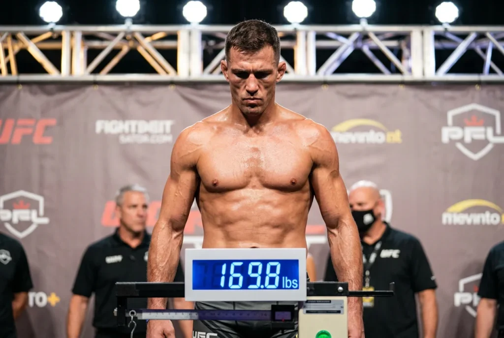 Combattant UFC sur la balance officielle lors de la pesée de veille de combat