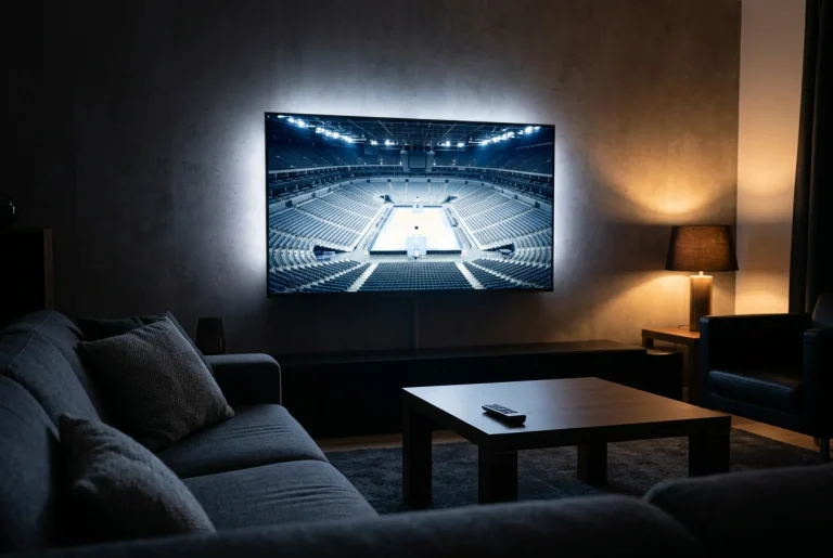 Salon avec une television murale diffusant un evenement sportif la nuit