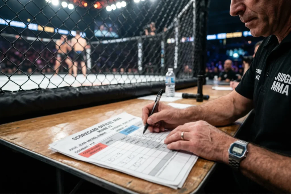 Juge UFC inscrivant un score sur sa carte au bord de l'octogone