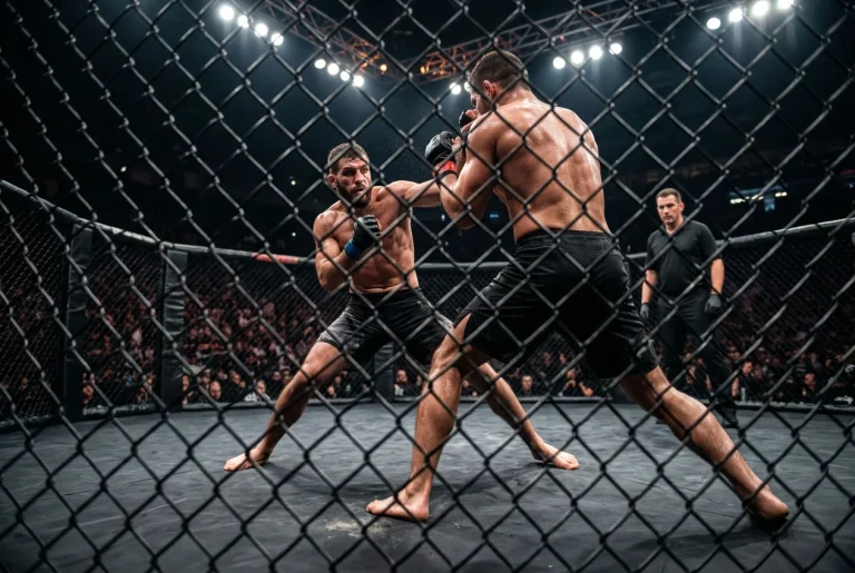 Cage d'octogone UFC vue du coin pendant un combat MMA, arbitre en arrière-plan