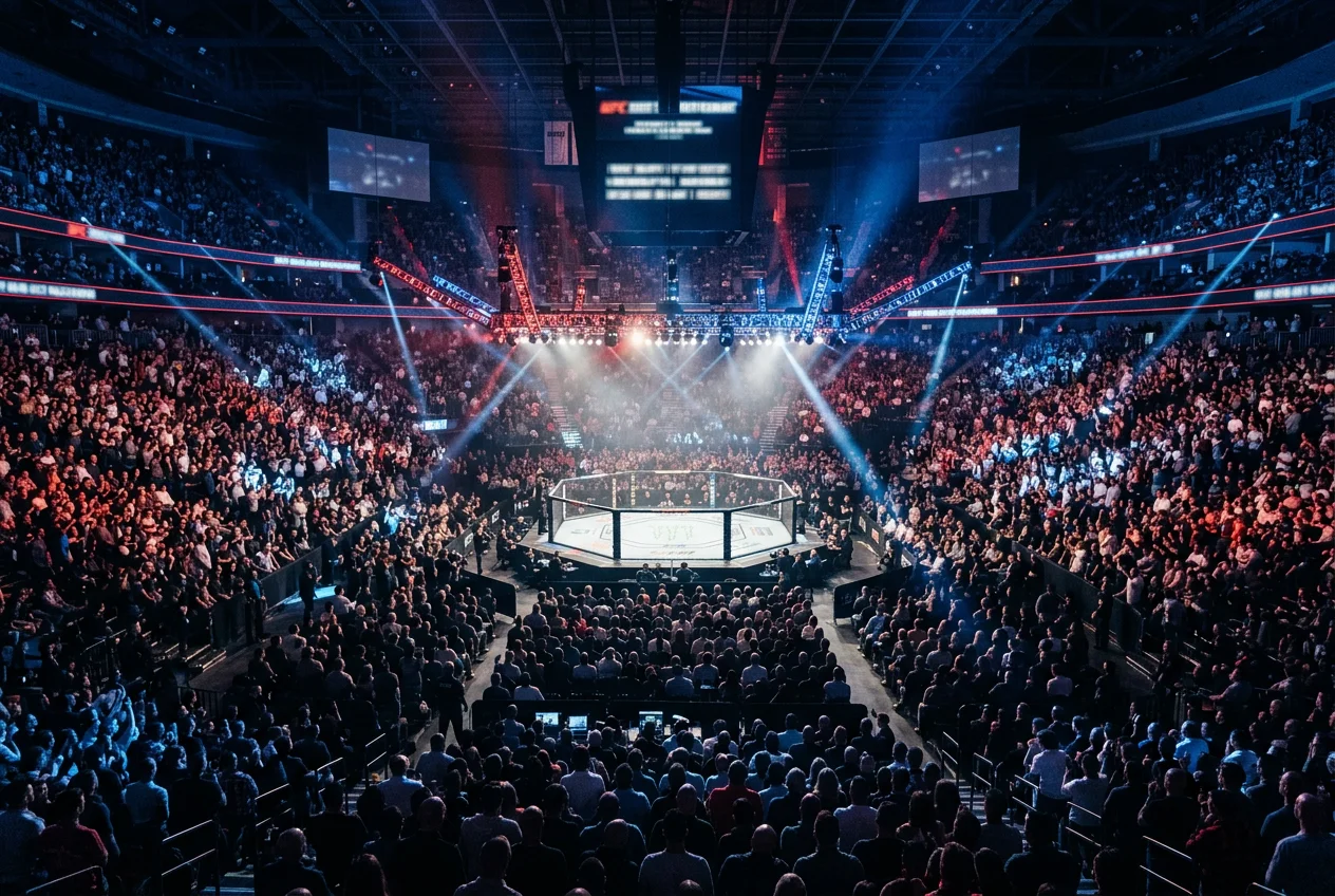 Vue large d'une arène UFC pleine avec la foule éclairée par les projecteurs autour de l'octogone