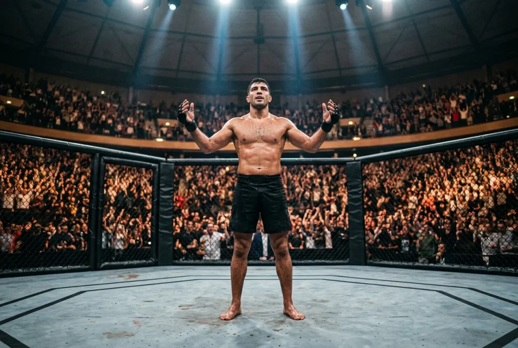 Combattant MMA debout dans l'octogone UFC devant une foule compacte à l'Accor Arena de Paris