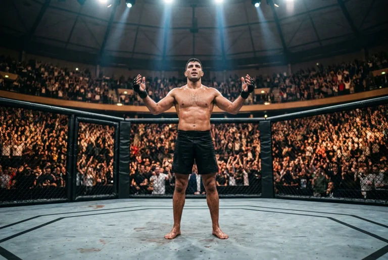 Combattant MMA debout dans l'octogone UFC devant une foule compacte à l'Accor Arena de Paris